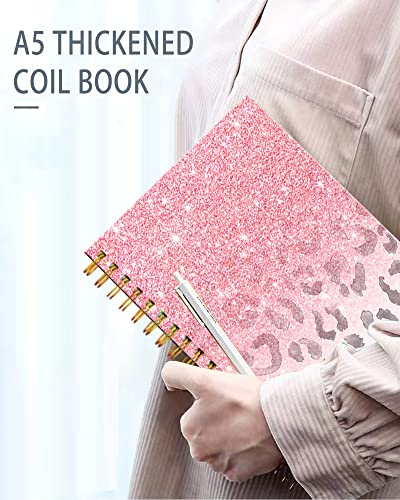 iampanda Spiral Journal Notebook,Strong Twin-Wire Binding with Premium Paper for Girl Women,Modern Girly Design 60 Sheets A5 College Ruled Notebook/Journal,Perfect for School Office Home Gifts,Pink - color: Pink Glitter Leopard