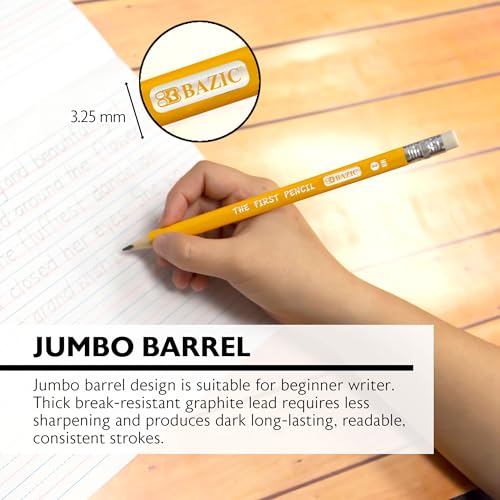 BAZIC PRODUCTS The First Jumbo #2 Yellow Pencils, Eraser, 4 Count, 2-Pack | eraser top, beginners, preschool, early grades learning to write - size: 2 Count (Pack of 1)