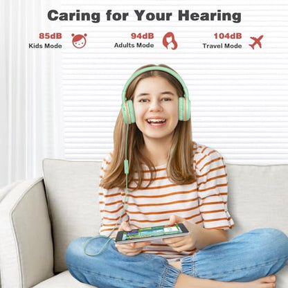 SIMOLIO Wired Headphones with Microphone & Volume Control & 3-Level Switchable Volume Limited & Share Jack & Bag, Stereo Headset for Kids Teens Adults Youth School Plane Travel Gift PC Computer Laptop