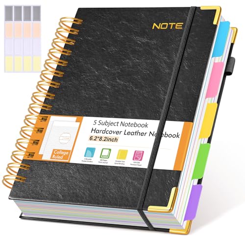 Hardcover Spiral Notebook with Removable Dividers Tabs, 300 pages Leather 5 Subject Notebook College Ruled, 6.2" x 8.2" Journal for Women Men, Small Notebooks for Work School Note taking,A5 Black - color: Black, size: A5（6.2" x 8.2"）