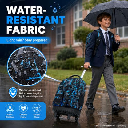 WZLVO 3PCS Wheeled Backpack, Water Resistance Rolling Bookbag for Boys, Roller School Bag Set with Lunch Box & Pencil Bag for Teens & Kids - Spray Blue - color: 3pcs Boys Rolling Backpack - Spray Blue