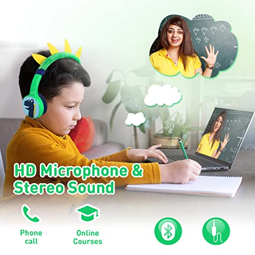 Kids Bluetooth Headphones, with 85dB Volume Limited Adjustable Headphone, Wireless Bluetooth Headphones, Aux 3.5mm Cable Included for Boys Girls Study, School, Kids Headset for ipad/Tablet - style: Dinosaur