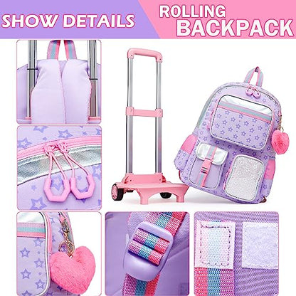 Meetbelify Girls Rolling Backpack with Wheels - Cute Kawaii Carry On Backpack for Elementary Students - Purple - color: Star Purple