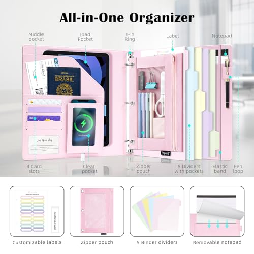 Ospelelf Pink Leather Binder with Magnetic Clipboard, 1 Inch Binders 3 Ring with Storage Zipper Pouch, Pocketed Dividers, Professional Clipboard Folder for School Office Nursing - color: Pink