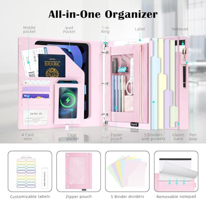 Ospelelf Pink Leather Binder with Magnetic Clipboard, 1 Inch Binders 3 Ring with Storage Zipper Pouch, Pocketed Dividers, Professional Clipboard Folder for School Office Nursing - color: Pink