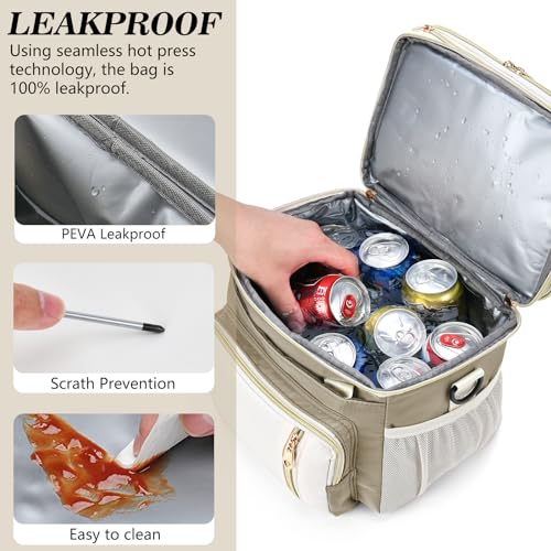 LOKASS Lunch Box for Women/Men-16L-Insulated Lunch Bag, Expandable Double-layer Leakproof Cooler Bag with Upgrade Adjustable Shoulder Strap Ideal for Work/Travel/Picnics（Beige&White） - color: Beige