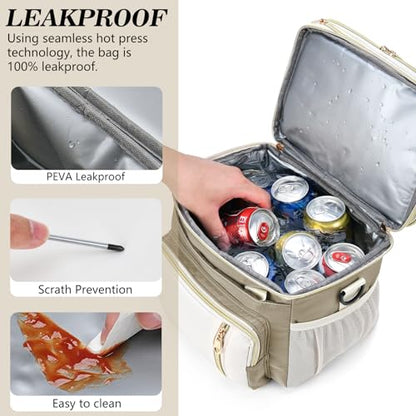LOKASS Lunch Box for Women/Men-16L-Insulated Lunch Bag, Expandable Double-layer Leakproof Cooler Bag with Upgrade Adjustable Shoulder Strap Ideal for Work/Travel/Picnics（Beige&White） - color: Beige