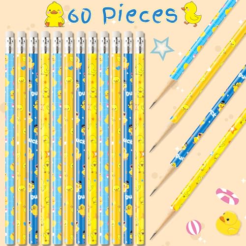 Xqumoi 60Pcs Ducks Pencils with Erasers - Cute Rubber Ducks Themed #2 HB Wooden Pencils in Bulk Birthday Party Favors Classroom Student Rewards Goodie Bag Fillers Stuffers Back to School Gift - style: Yellow Duck