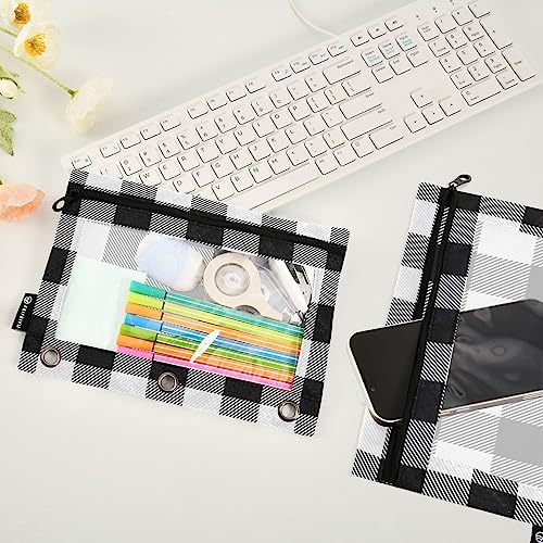 Fisyme White and Black Buffalo Plaid Pencil Pouch for 3 Ring Binder Pencil Case Pencil Bag Zipper Pouch with Clear Window for Office Supply 2 Pack - color: Multi-19