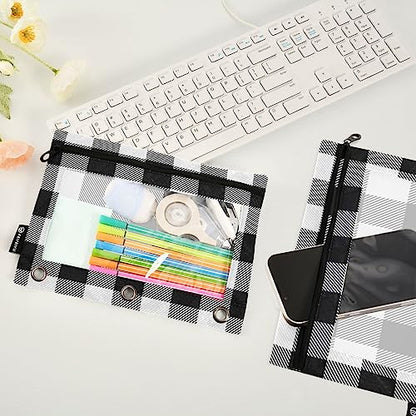 Fisyme White and Black Buffalo Plaid Pencil Pouch for 3 Ring Binder Pencil Case Pencil Bag Zipper Pouch with Clear Window for Office Supply 2 Pack - color: Multi-19