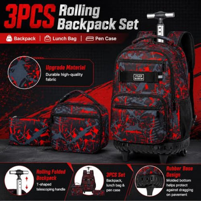 3Pcs Rolling Backpack for Boys Men, Travel Wheeled Backpacks for Adults, Teens College Roller Bookbag with Wheels for Men(Red) - color: Airbrush Red