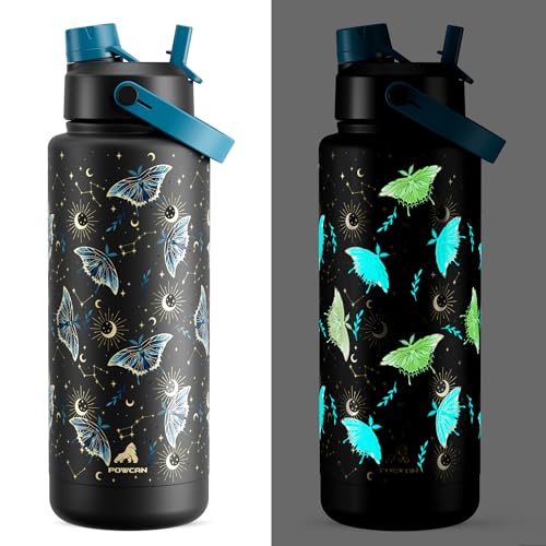 POWCAN 40 oz Insulated Water Bottle with 2-in-1 Straw and Spout Lid, Glow-in-the-Dark, 24H Cold, Leakproof, BPA-Free, Double Wall Stainless Steel for Sports, Gym, Travel, and School (Gilded Flutter) - color: Gilded Flutter (Luminous), size: 40 Ounces