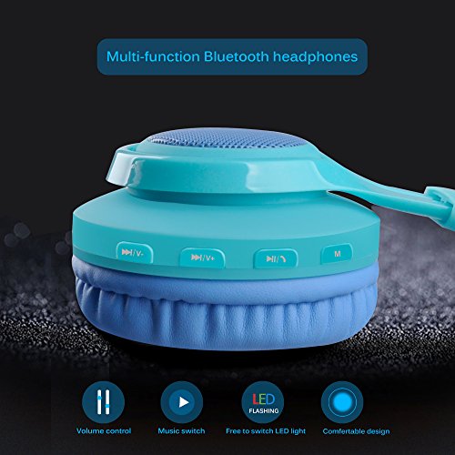 Riwbox WT-7S Kids Bluetooth Headphones, LED Light Up Wireless Foldable Stereo Headset with Microphone and Volume Control for PC/Tablet/TV/Travel (Blue) - color: Blue&Green