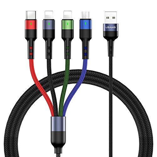 USAMS Multi Charging Cable 2Pack 4FT 4 in 1 Nylon Braided USB Fast Charging Cord Adapter Type C Micro Port Compatible Cell Phones Tablets and More - color: Multicolored, size: 4ft