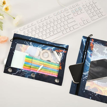 Kcldeci Pencil Pouch for 3 Ring Binder, Soccer Ball in Fire and Water 2 Pack Binder Pencil Pouch with Clear Window Pencil Bags with Zipper Pencil Case for Binder - color: A01