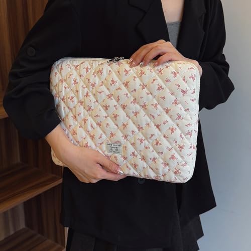 14 inch Maple Leaf Soft Pad Tablet Bag Embroidery Puffy Protective Case Shockproof Cute Quilted Laptop Sleeve Commute Work Study Bag - color: Pink Leaf