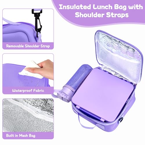 Kids Bento Lunch Box with 8oz Soup Thermo, Water Bottle, Kids Leakproof Lunch Food Containers with 4 Compartment, Insulated Hot Food Jar with Lunch Bag for School, Trvael (Purple) - color: Purple