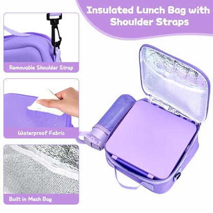 Kids Bento Lunch Box with 8oz Soup Thermo, Water Bottle, Kids Leakproof Lunch Food Containers with 4 Compartment, Insulated Hot Food Jar with Lunch Bag for School, Trvael (Purple) - color: Purple