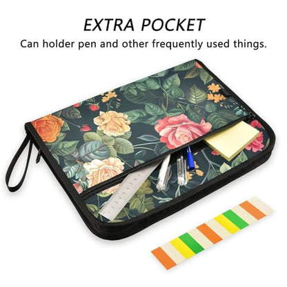 Expanding File Folder Botanical Floral Green Accordion File Organizer 13 Pockets Document Organizer with Zipper Labels A4 Letter Office Storage