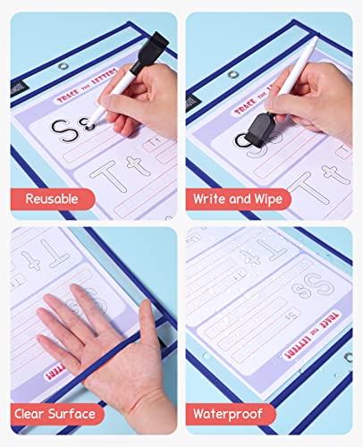 GAMENOTE 30팩 드라이 지우개 포켓, 25.4x35.6cm(10x14인치) 재사용 가능한 슬리브, | 30개의 재사용 가능한 PVC 포켓에는 21.6 x 27.9cm(8.5 x 11인치) 및 22.9 x 30.5cm(9 x 12인치) 시트를 담을 수 있습니다. 양면 - color: 블루., size: 30 Pack