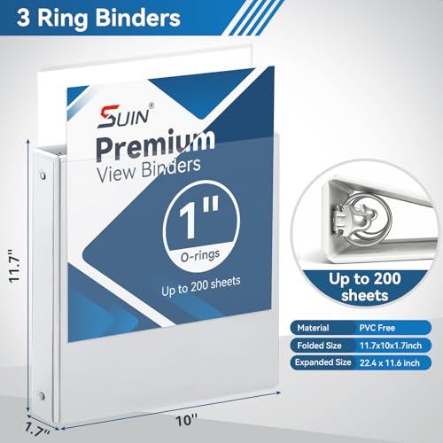 SUIN Bulk 12 Pack 1-inch 3 Ring Binders -Durable 1'' Binders with Roung Ring Binder, Large 200 Sheet Capacity, Fit 8.5" x 11" US Letter Size Paper, White (1'' White - 12 Packs) - size: 1'' White - 12 Packs