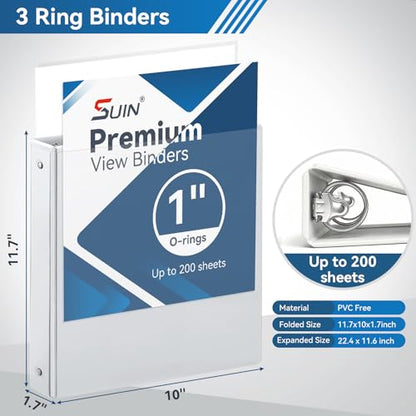 SUIN Bulk 12 Pack 1-inch 3 Ring Binders -Durable 1'' Binders with Roung Ring Binder, Large 200 Sheet Capacity, Fit 8.5" x 11" US Letter Size Paper, White (1'' White - 12 Packs) - size: 1'' White - 12 Packs