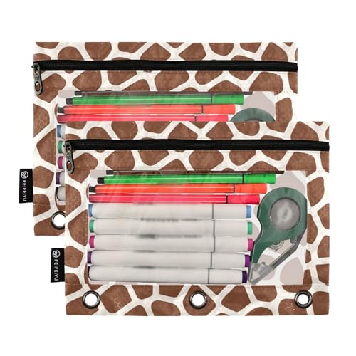 2 Pack 3 Ring Binder Pencil Pouch Giraffe Skin Pencil Case Pencil Bags with Zipper, Clear PVC Binder Pockets for Office Daily Supplies - color: Color 1