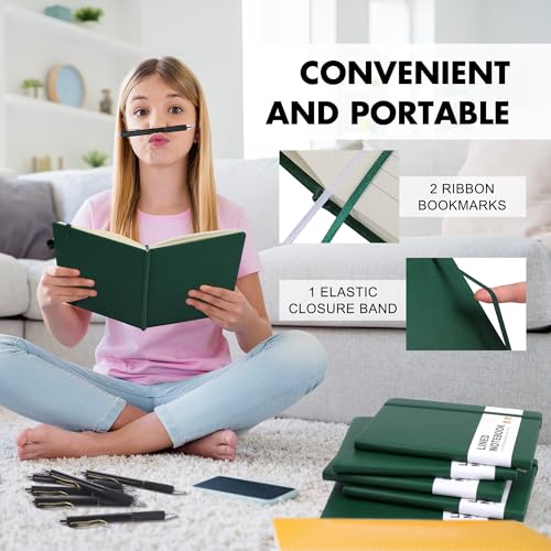 Aodaer 12 Set Lined Notebook Journals with Pens A5 Notebooks 100 GSM College Ruled Hardcover Notebook PU Leather Notepad with Pen Holder for Office School, 5.7 x 8.3 Inches, Dark Green - color: Dark Green