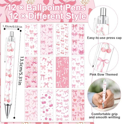 Wxiben Pink Bow Sticky Notes with Pens 24 Pcs Coquete Bow Notepads Preppy Ballpoint Pens Bulk Bows Cherries Notes Black Ink Pen Gifts for Women Office Supplies Party Favor - color: Pink Bow