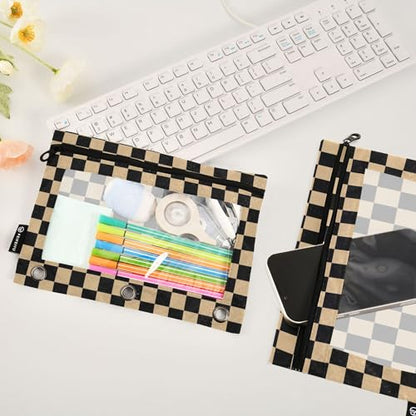 Black Chessboard Binder Pouches 3 Ring for Boys Girls School Office College Supplies Brown Buffalo Plaid Wood Color Pencil Pouches Case Bag with Clear Window and Zipper 2 Pack - color: Brown