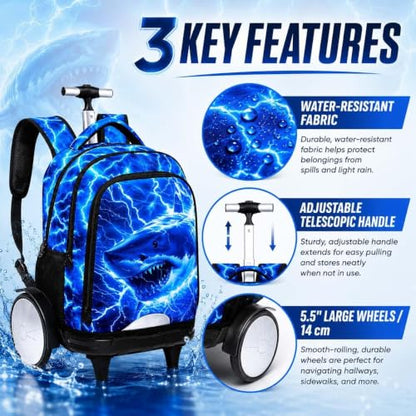 3Pcs Large Rolling Backpack for Boys, 20 Inch Detachable Wheeled Bookbag with Lunch Box, Durable Lightning Shark Roller Backpack for Elementary Middle School (Blue) - color: Large Wheels Shark Blue
