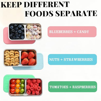3 Pack 15oz Stainless Steel Snack Containers for Kids, Reusable Metal Snack Containers with Silicone lids, Leak Proof 2 Compartment Stackable Metal Toddler Lunch Box for Daycare, School