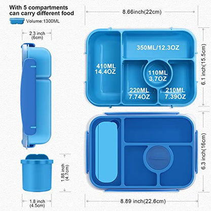 Amathley Bento Box Adult Lunch Box Kids,Lunch Containers for Adults/Kids/Toddler,5 Compartments Bento Lunch Box with Sauce Vontainers,Microwave & Dishwasher & Freezer Safe,BPA-Free (Blue) - color: Blue