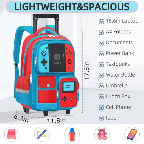 TILYTADLY Kids Rolling Backpack for Boys - Gamer Boys Rolling Backpack with Wheels, Wheeled Travel Bookbag for Elementary Middle School, Lightweight Roller School Bag - color: red-blue-Backpack only