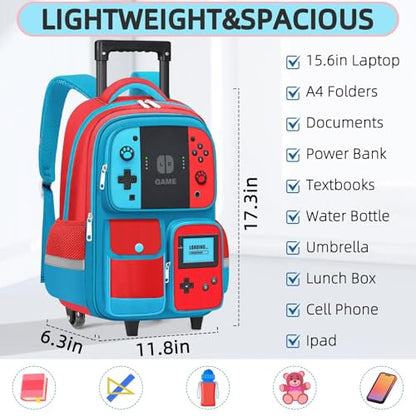 TILYTADLY Kids Rolling Backpack for Boys - Gamer Boys Rolling Backpack with Wheels, Wheeled Travel Bookbag for Elementary Middle School, Lightweight Roller School Bag - color: red-blue-Backpack only