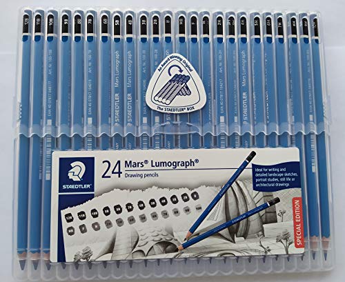 Wooden Pencil By Staedtler Mars Lumograph - Pack of 24 Degrees in Practical Plastic Storage Box With 6" and 8" Aluminum Ruler