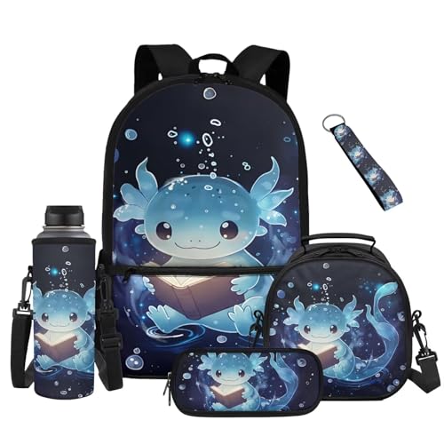 Blue Axolotl 5 Piece Kids School Backpack Set with Lunch Bag Pencil Case and Water Bottle Carrier Large Capacity Bookbag for Elementary and Middle School - color: Blue Axolotl-a