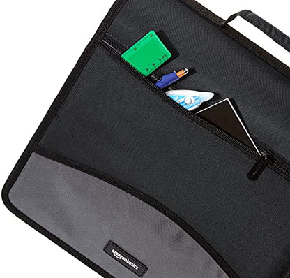 Amazon Basics Durable 3 Ring Binder with Zipper and Strap, Multiple Pockets, Sturdy Storage for School and Office, 3 inch, Black