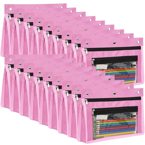YoeeJob 18 Pack 1 Inch Expandable Zipper Pencil Pouches with Clear Window for 3 Ring Binder, Suitable for School & Office（Pink） - color: Pink