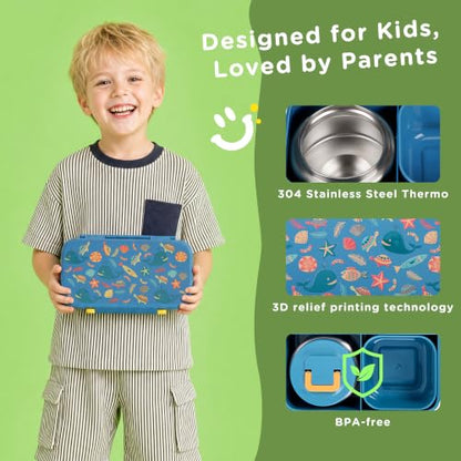 Bento Lunch Box for Kids With 8oz Food Thermo,BPA-Free for School | Lunch Container with 2 Compartments, Insulated Food Jar, Dishwasher Safe, Easy to Clean, Lunch Box for Girls Boys - color: Blue Ocean1