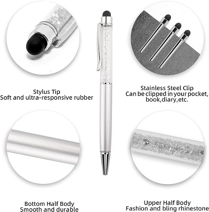 Bling Ballpoint Pens Crystal Diamond Pen Capacitive Touch Screen Stylus with Replacement Refills Rubber Tips for iPhone iPad Kindle Touchscreen Devices 3Pcs Writing Pen (Silver) - color: Silver