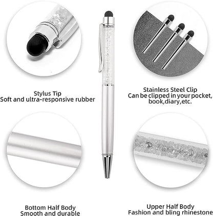Bling Ballpoint Pens Crystal Diamond Pen Capacitive Touch Screen Stylus with Replacement Refills Rubber Tips for iPhone iPad Kindle Touchscreen Devices 3Pcs Writing Pen (Silver) - color: Silver