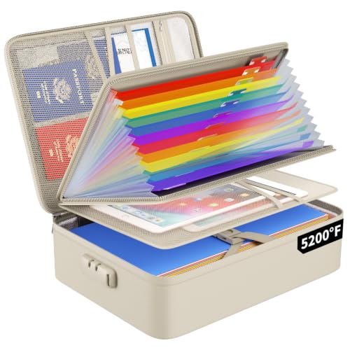 ENGPOW Fireproof File Organizer Bag with 13 Pockets Accordion File Folder | 5200℉ Document Organizer Box with Lock & Labels, Multi-Layer, Portable Home Safe Storage for Important Documents, Beige - color: Beige, style: 13 Pockets,colorful