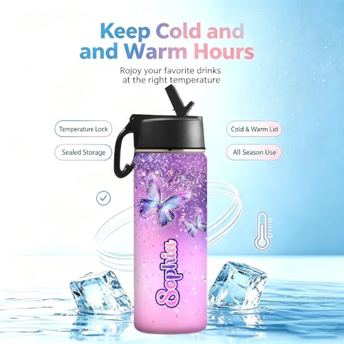 MyPupSocks Personalized Kids Water Bottle with Name for School, Custom Water Bottle with Straw Lid Stainless Steel 18oz, Personalized Christmas Birthday School Gifts for Boys Girls Kids - color: Color 91
