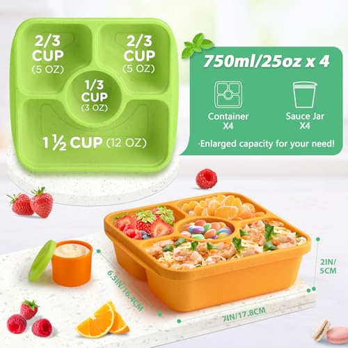 QQKO Bento Snack Box Containers for Adults Kids, 4 Pack Lunchable Meal Prep Containers Reusable, Stackable Bento Lunch Box, Food Storage Prep Containers with Lids and 4 Sauce Cups, Jewel Color - color: Jewel, Clear Lid
