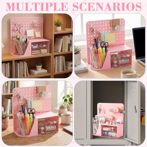 Novabright Desk Organizer with Drawers, Rotating Pen Holder with 5 Slots & Pegboard, Back to School & First Day of School Gifts, Multifunctional Desktop Storage for Desk Home Office Supplies(Pink)