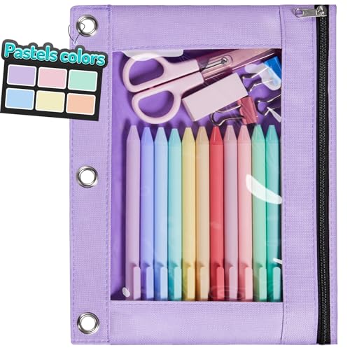 Forvencer Pencil Pouch for 3 Ring Binder, Pastels Pencil Case with Smooth Zipper, Cute Soft Pen Bag with Clear Window & 3 Reinforced Grommets, Big Capacity Binder Bag, School Office Supplies, Purple - color: Purple