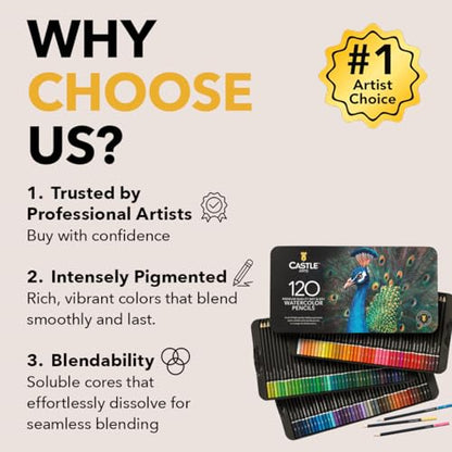 Castle Art Supplies Watercolor Pencils Set | 120 Vibrant Pigments for Blending, Drawing and Painting | Adults and Professionals | Presented in Tin Case