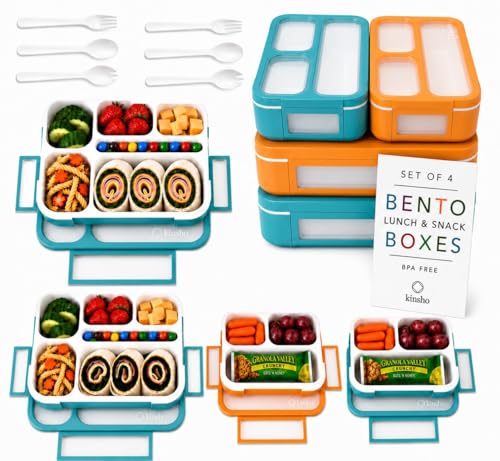 Bento Box Lunch and Snack Containers for School Kids Girls Boys | Leak Proof Portion Control Kits BPA Free, Teal & Orange, Large and Small, Value Set of 4 - color: Teal Orange Large + MINI 4 Pack
