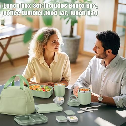 Large Bento Lunch Box Set for Adults Kids Women with 10.5oz Soup Thermo,Coffee Tumblers Men Girls Boys Teenagers Leak-Proof Lunch Food Containers with Lunch Bag - color: Green